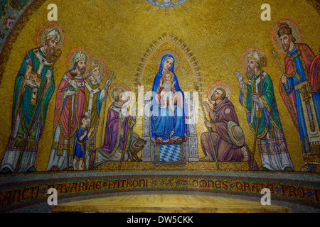 Mosaic of Madonna among the saints over a side altar inside the the Church of the Benedictine Abbey of the Dormition on top of mount Zion in Jerusalem Israel Stock Photo