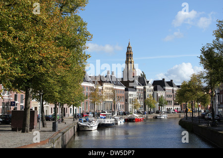 Canal at Hoge der A in Groningen, The Netherlands with Der Aa-Kerk in the background in summer Stock Photo