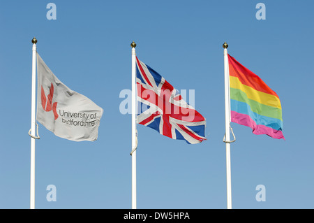 University of Bedfordshire, British Union Jack & Rainbow Flag flutter in the wind