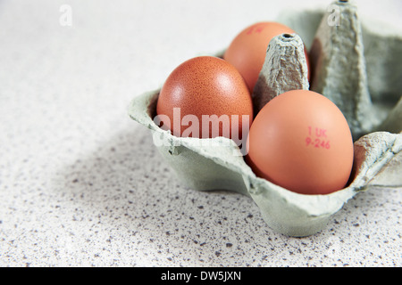 3 eggs in an egg box await preparation in a kitchen Stock Photo