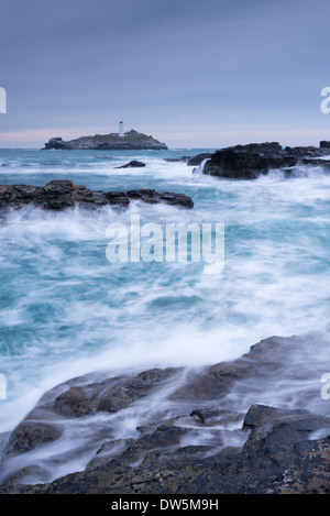 Crashing Atlantic waves near Godrevy Lighthouse, Cornwall, England. Winter (February) 2013. Stock Photo