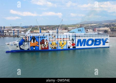 Ro-Ro ferry ship mv Moby Wonder maneuvers in Civitavecchia harbor italy Stock Photo