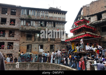 The chariot race in Bhaktapur, Nepal as part of the Bisket Jatra new year celebrations Stock Photo