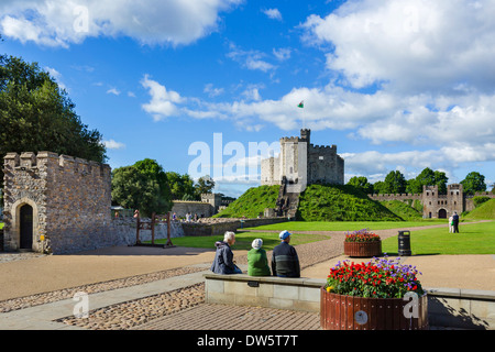 Visitors in front of the Norman shell keep inside Cardiff Castle, Cardiff, South Glamorgan, Wales, UK Stock Photo