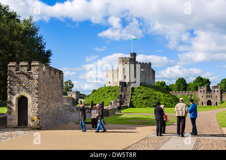 Visitors in front of the Norman shell keep inside Cardiff Castle, Cardiff, South Glamorgan, Wales, UK Stock Photo