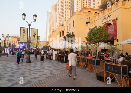 People on The Walk in the evening, Jumeirah Beach Residences ( JBR ), Dubai, UAE, United Arab Emirates, middle East Stock Photo