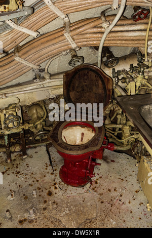 Toilet in Russian submarine B-143 / U-480 Foxtrot type 641 at the Seafront Maritime Theme Park in Zeebrugge, Belgium Stock Photo