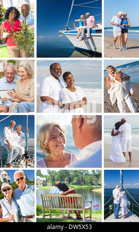 Happy interracial old senior man woman couples enjoying active retirement lifestyle beach, gardening, playing golf & sailing. Stock Photo