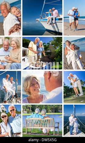 Happy old senior man woman couples enjoying active retirement lifestyle beach, gardening, playing golf & sailing on luxury yacht Stock Photo
