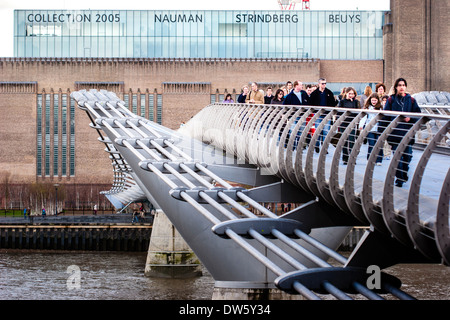 The Millenium Bridge over the river Thames between Tate Modern art gallery at Bankside and St Paul's cathedral Stock Photo