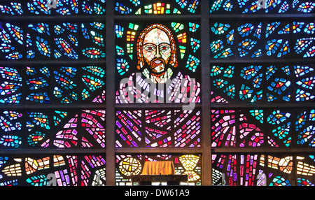 Stained Glass Windows,Blessed Sacrament Chapel Buckfast Abbey Buckfastleigh,  Devon Stock Photo