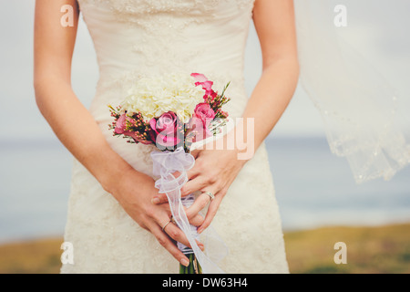 Beautiful Bride, Holding Flower Bouquet. Wedding. Stock Photo