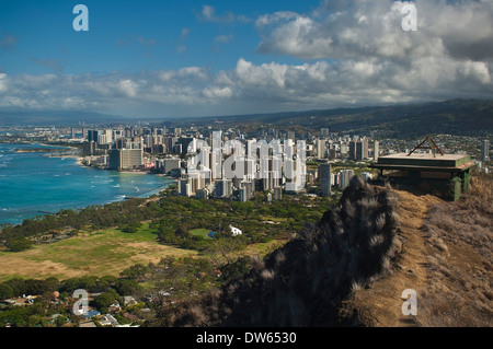 View of Waikiki Beach and Honolulu from the summit of Diamond Head Crater Park, Oahu, Hawaii Stock Photo