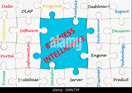 Business intelligence concept words cloud on group of jigsaw puzzle Stock Photo
