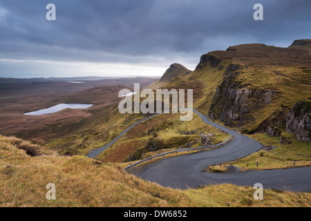 Winding Road leading through mountains, Quiraing, Isle of Skye, Scotland. Winter (December) 2013. Stock Photo