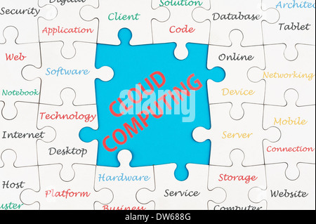 Cloud computing concept word cloud on group of jigsaw puzzle pieces Stock Photo