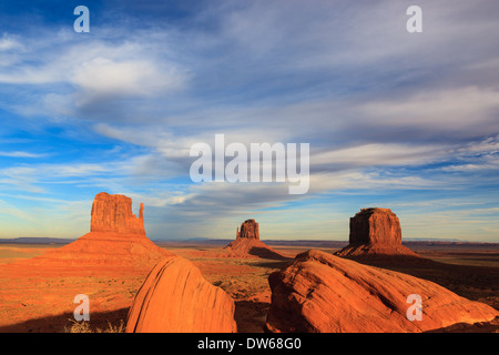 Sunset in Monument Valley Navajo Tribal Park on the border of Utah and Arizona Stock Photo