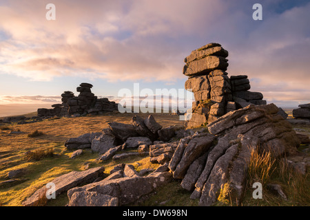 Rich evening sunlight at Great Staple Tor, Dartmoor National Park, Devon, England. Winter (January) 2014. Stock Photo