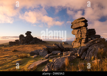 Gorgeous evening light at Great Staple Tor in Dartmoor, Devon, England. Winter (January) 2014. Stock Photo