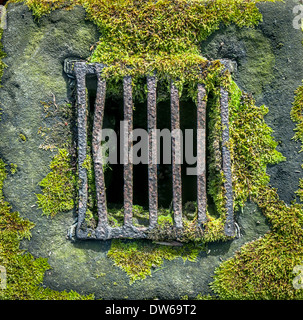 An old cast iron rusting barred window. Stock Photo