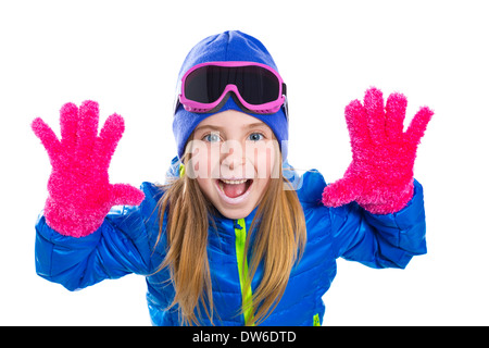 blond kid gir winter snow portrait with open hands pink gloves shouting gesture Stock Photo