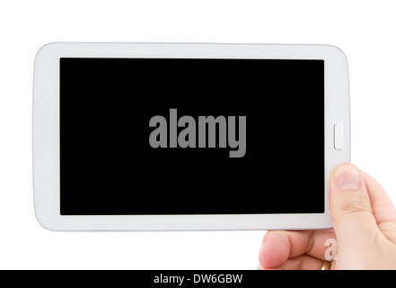 Hand holding tablet pc with empty black display. Horizontal composition Stock Photo