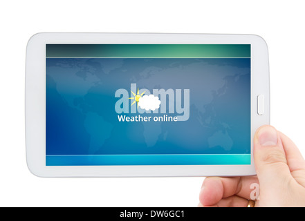Hand holding tablet with mobile weather forecast app Stock Photo
