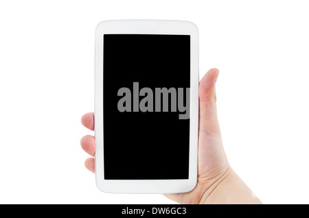 Hand holding tablet pc with empty black display. Horizontal composition Stock Photo