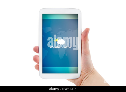 Hand holding tablet with mobile weather forecast app Stock Photo