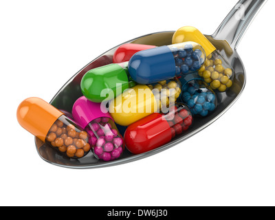 Dietary supplements. Variety pills. Vitamin capsules on the spoon. 3d Stock Photo