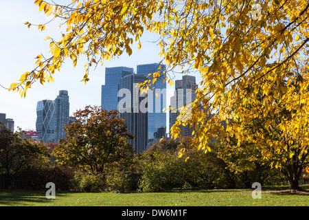 Sheep Meadow with Skyline in background, Central Park, NYC Stock Photo