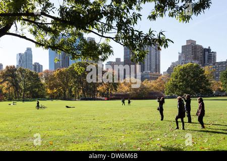 Sheep Meadow with Skyline in background, Central Park, NYC Stock Photo