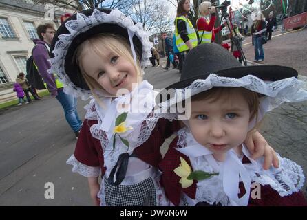 Cardiff, Wales, UK. 1st March, 2014. Celebrations for St. David's Day have taken place all across Wales marking the feast of St. David. The first day of March was chosen in remembrance of St. David and is celebrated all across Wales. Giant hand-made Welsh puppets of Patron St. David, Shirley Bassey and Tom Jones  Credit:  Gail Orenstein/ZUMAPRESS.com/Alamy Live News Stock Photo