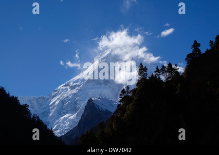 Manaslu, at 8156 meters (26,759 feet), the eighth highest peak on the planet. Stock Photo