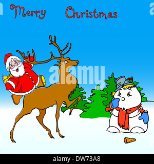 santa claus rides on deer and snowman Stock Photo