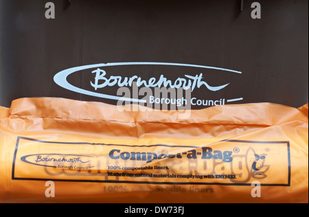 Bournemouth Borough Council food waste bin with compost-a-bag 100% compostable liners made from natural materials Stock Photo
