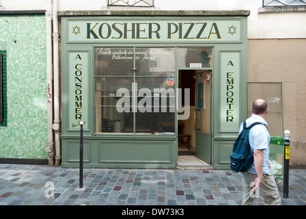 A kosher pizza store along Rue Des Rosiers in Le Marais, Paris, France
