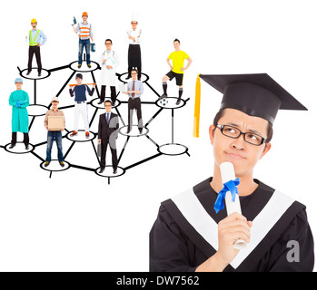 graduate thinking about his career planning over white Stock Photo