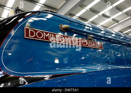 Nameplate A4 Pacific class steam locomotive engine “Dominion of Canada” on display at the National Railway Museum Shildon UK Stock Photo