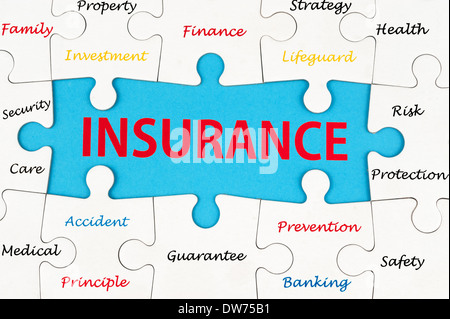 Insurance concept word cloud on group of jigsaw puzzle pieces Stock Photo