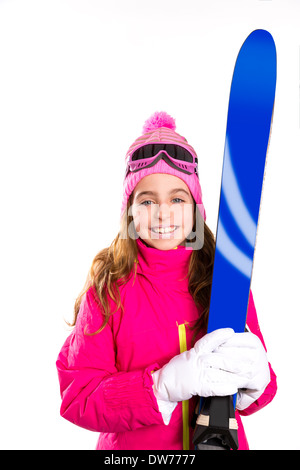 Kid girl ski with snow equipment goggles and winter wool hat Stock Photo