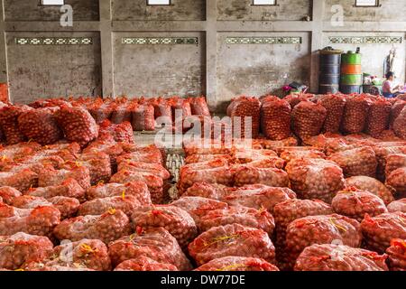 March 2, 2014 - Myawaddy, Kayin, Myanmar - An onion warehouse in Myawaddy, Myanmar. The onions will be exported to Thailand. Myawaddy is separated from the Thai border town of Mae Sot by the Moei River. Myawaddy is the most important trading point between Myanmar (Burma) and Thailand. (Credit Image: © Jack Kurtz/ZUMAPRESS.com) Stock Photo