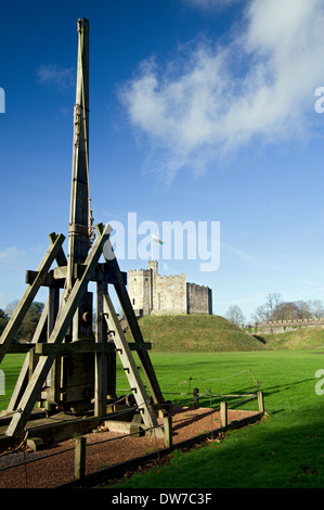 Norman Keep and Trebuchet, Cardiff Castle, Cardiff, Souuth Wales, United Kingdom. Stock Photo