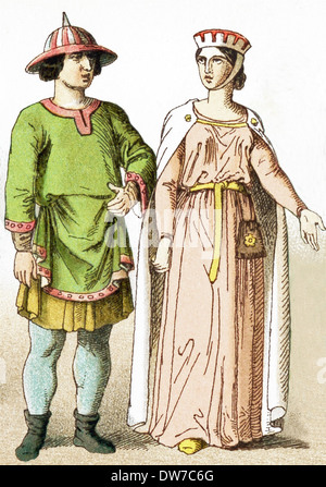 Represented here are a French man of rank and a French lady of rank around A.D. 1100. The illustration dates to 1882. Stock Photo