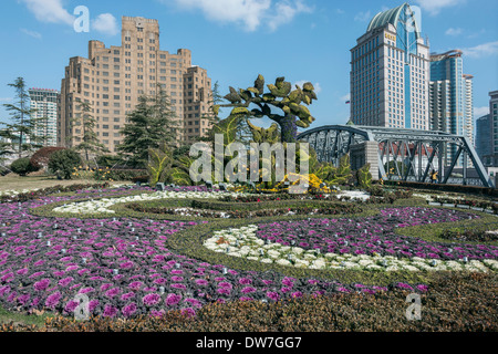 Waibaidu steel bridge across Suzhou Creek and Broadway Mansions Hotel, Shanghai, China