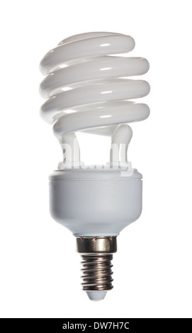 Spiral energy saving compact fluorescent lightbulb on white background. Stock Photo