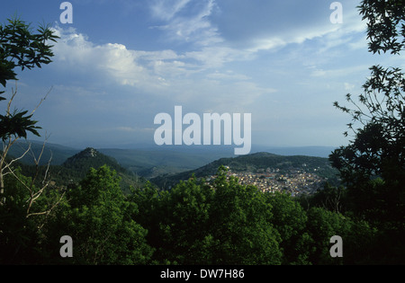 GREECE LESBOS scenic view across valley to Agiasos from slopes of Mount Olympos Stock Photo