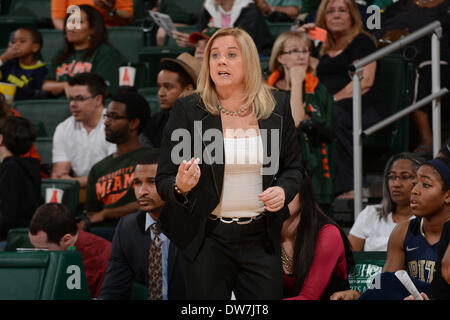 March 2, 2014: Head coach Suzie McConnell-Serio of Pittsburgh in action during the NCAA basketball game between the Miami Hurricanes and the Pittsburgh Panthers at the Bank United Center in Coral Gables, FL. The Hurricanes defeated the Panthers 67-54. Stock Photo