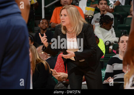 March 2, 2014: Head coach Suzie McConnell-Serio of Pittsburgh in action during the NCAA basketball game between the Miami Hurricanes and the Pittsburgh Panthers at the Bank United Center in Coral Gables, FL. The Hurricanes defeated the Panthers 67-54. Stock Photo