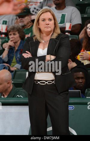 March 2, 2014: Head coach Suzie McConnell-Serio of Pittsburgh in action during the NCAA basketball game between the Miami Hurricanes and the Pittsburgh Panthers at the Bank United Center in Coral Gables, FL. The Hurricanes defeated the Panthers 67-54. Stock Photo